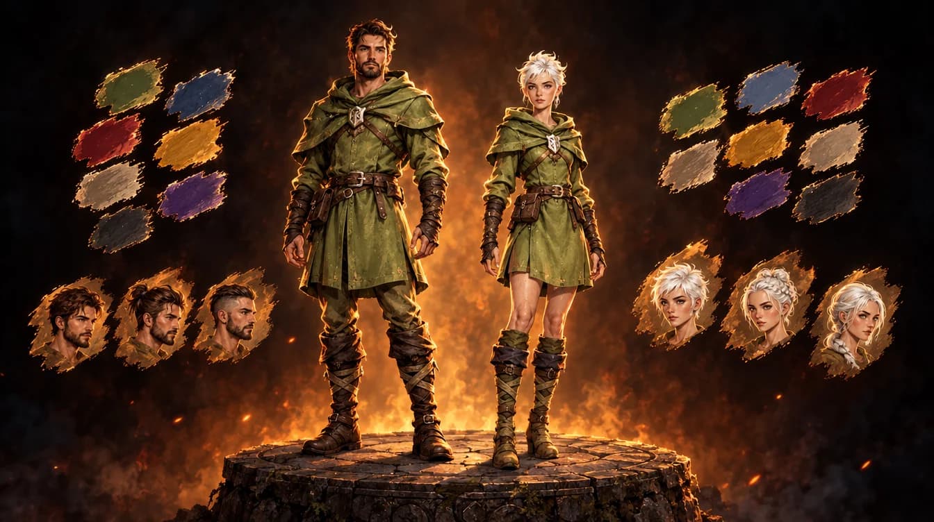 Arte conceptual del creador de personaje: un hombre y una mujer con la túnica verde y muestras de colores y peinados