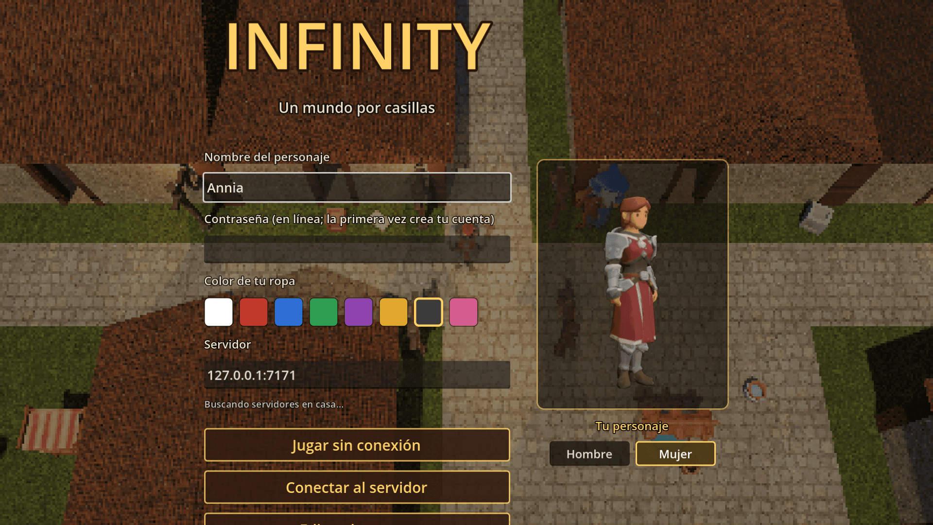 Creador de personaje con la aventurera en 3D y los botones Hombre y Mujer